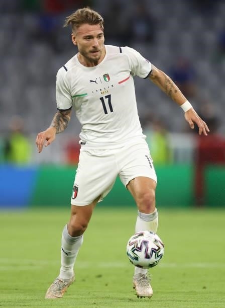 Ciro Immobile of Italy controls the ball during the UEFA Euro 2020 Championship Quarter-final match between Belgium and Italy at Football Arena...