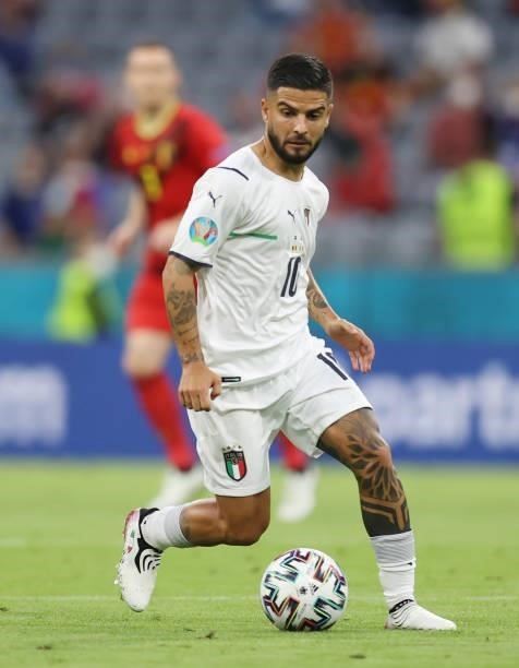Lorenzo Insigne of Italy controls the ball during the UEFA Euro 2020 Championship Quarter-final match between Belgium and Italy at Football Arena...