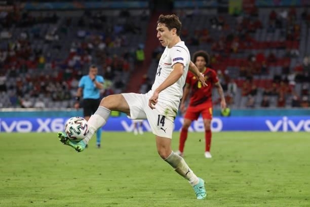 Federico Chiesa of Italy controls the ball during the UEFA Euro 2020 Championship Quarter-final match between Belgium and Italy at Football Arena...
