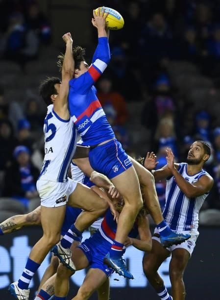 Lewis Young of the Bulldogs marks during the round 16 AFL match between Western Bulldogs and North Melbourne Kangaroos at Marvel Stadium on July 04,...