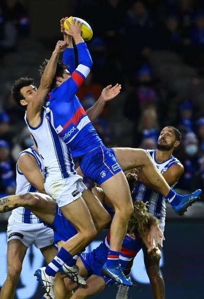 Lewis Young of the Bulldogs marks during the round 16 AFL match between Western Bulldogs and North Melbourne Kangaroos at Marvel Stadium on July 04,...