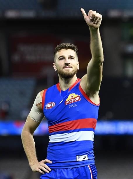 Marcus Bontempelli of the Bulldogs waves to the fans after winning the round 16 AFL match between Western Bulldogs and North Melbourne Kangaroos at...