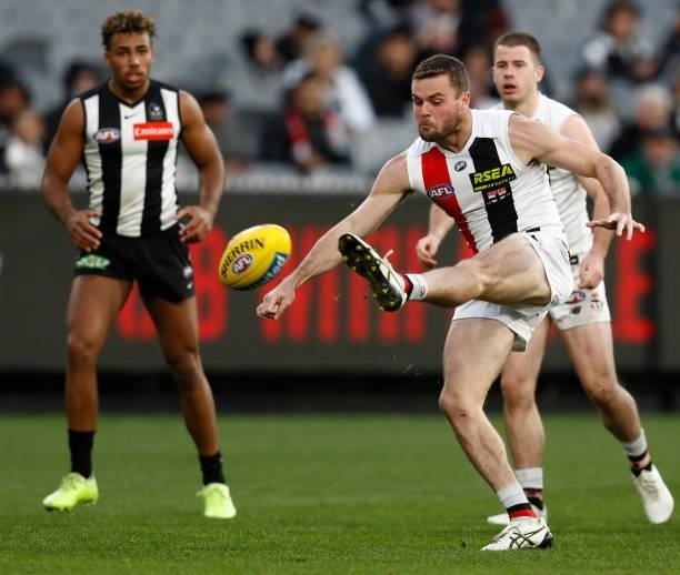 Brad Crouch of the Saints kicks the ball during the round 16 AFL match between Collingwood Magpies and St Kilda Saints at Melbourne Cricket Ground on...