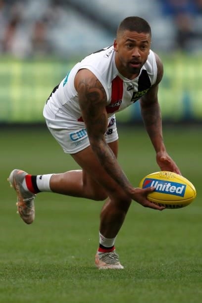 Bradley Hill of the Saints gathers the ball during the round 16 AFL match between Collingwood Magpies and St Kilda Saints at Melbourne Cricket Ground...