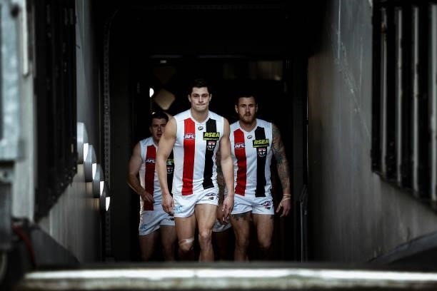 Jack Steele of the Saints lead the Saints out before the round 16 AFL match between Collingwood Magpies and St Kilda Saints at Melbourne Cricket...