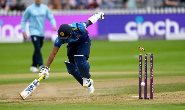 Chamika Karunaratne of Sri Lanka makes his ground during the third One Day International between England and Sri Lanka at Bristol County Ground on...