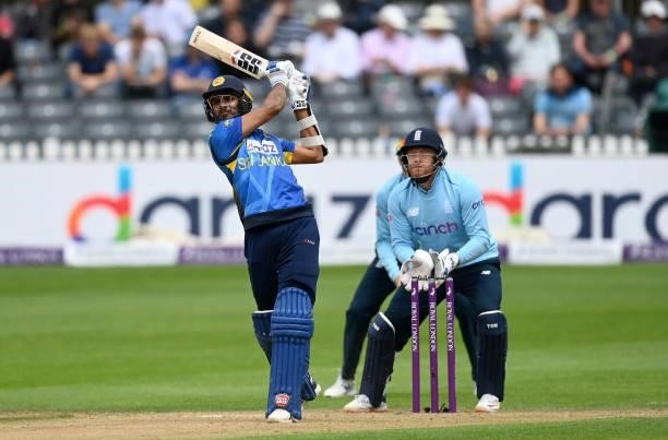 Dasun Shanaka of Sri Lanka hits out for six runs during the third One Day International between England and Sri Lanka at Bristol County Ground on...
