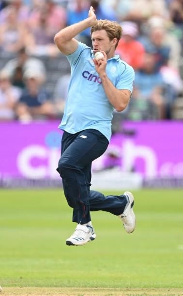 David Willey of England bowls during the third One Day International between England and Sri Lanka at Bristol County Ground on July 04, 2021 in...