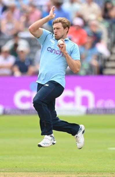 David Willey of England bowls during the third One Day International between England and Sri Lanka at Bristol County Ground on July 04, 2021 in...