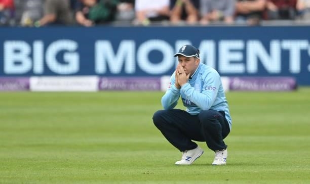 Jason Roy of England reacts during the third One Day International between England and Sri Lanka at Bristol County Ground on July 04, 2021 in...