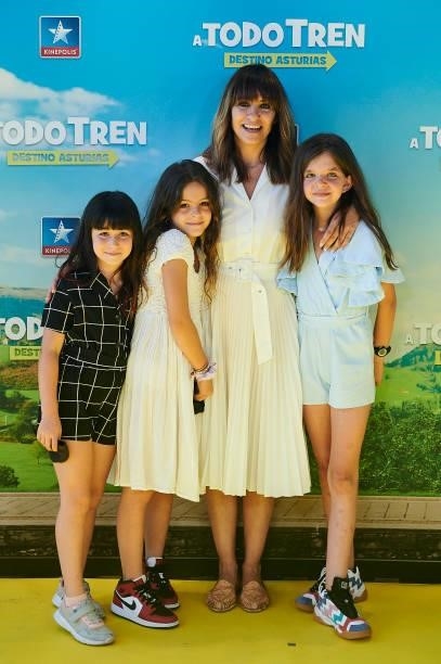 Melani Oliveras with her family attends to premiere film of 'A Todo Tren. Destino Asturias" at Kinepolis Cinemas on July 04, 2021 in Madrid, Spain.