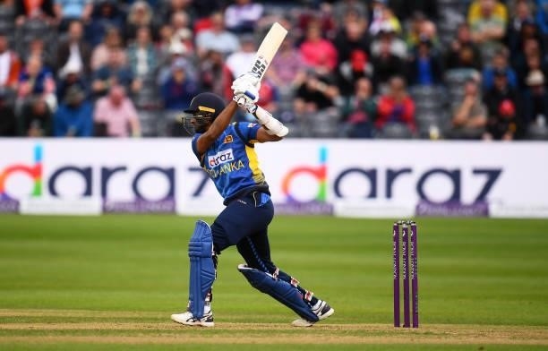 Dasun Shanaka of Sri Lanka plays a shot during the 3rd ODI match between England and Sri Lanka at Bristol County Ground on July 04, 2021 in Bristol,...