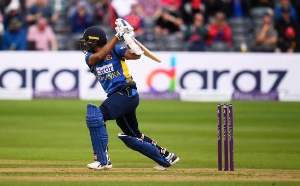 Dasun Shanaka of Sri Lanka plays a shot during the 3rd ODI match between England and Sri Lanka at Bristol County Ground on July 04, 2021 in Bristol,...