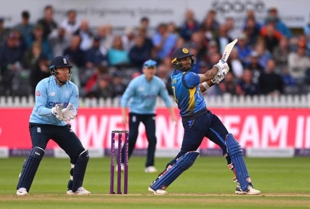 Sri Lanka batsman Dasun Shanaka in batting action watched by Jonny Bairstow during the 3rd Royal London One Day International between England and Sri...