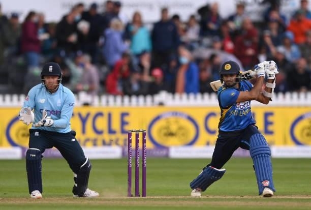 Sri Lanka batsman Dasun Shanaka in batting action watched by Jonny Bairstow during the 3rd Royal London One Day International between England and Sri...