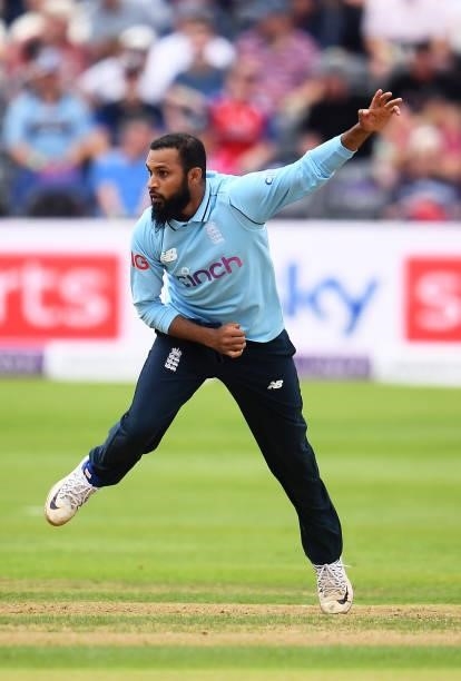 Adil Rashid of England in bowling action during the 3rd ODI match between England and Sri Lanka at Bristol County Ground on July 04, 2021 in Bristol,...