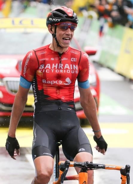 Winner Dylan Teuns of Belgium and Bahrain Victorious crosses the finish line during stage 8 of the 108th Tour de France 2021, a stage of 151 km...