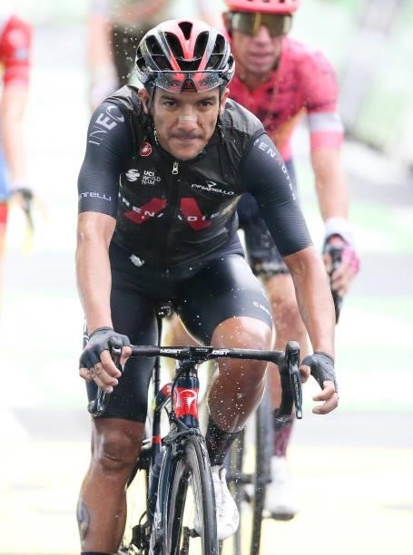 Richard Carapaz of Ecuador and INEOS Grenadiers crosses the finish line during stage 8 of the 108th Tour de France 2021, a stage of 151 km between...