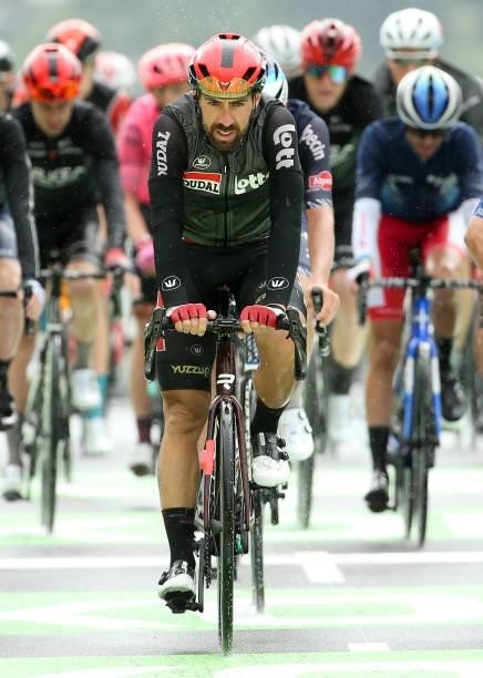 Thomas de Gendt of Belgium and Lotto Soudal crosses the finish line during stage 8 of the 108th Tour de France 2021, a stage of 151 km between...