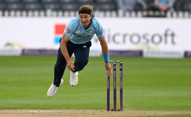 Tom Curran of England bowls during the third One Day International between England and Sri Lanka at Bristol County Ground on July 04, 2021 in...