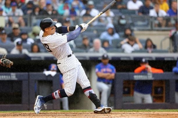 Aaron Judge of the New York Yankees in action against the New York Mets during a game at Yankee Stadium on July 3, 2021 in New York City.