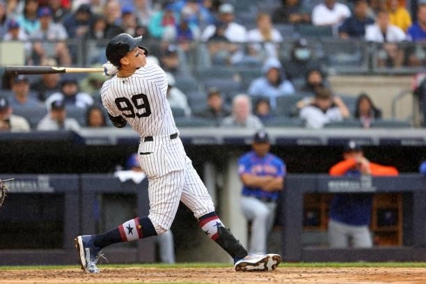 Aaron Judge of the New York Yankees in action against the New York Mets during a game at Yankee Stadium on July 3, 2021 in New York City.