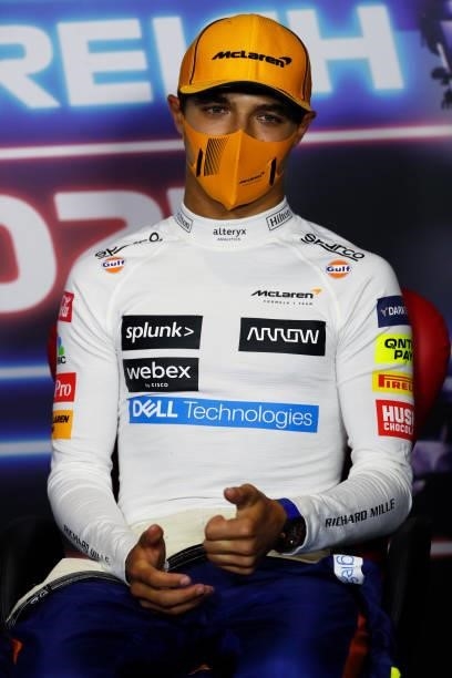 Third placed Lando Norris of Great Britain and McLaren F1 talks in the drivers press conference after the F1 Grand Prix of Austria at Red Bull Ring...