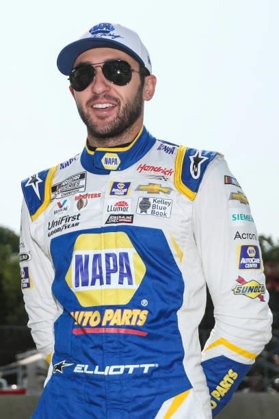 Chase Elliott, driver of the NAPA Auto Parts Chevrolet, waits on the grid during qualifying for the NASCAR Cup Series Jockey Made in America 250...