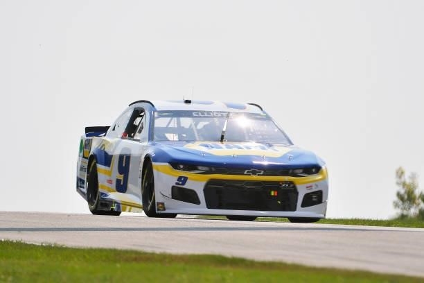 Chase Elliott, driver of the NAPA Auto Parts Chevrolet, drives during qualifying for the NASCAR Cup Series Jockey Made in America 250 Presented by...