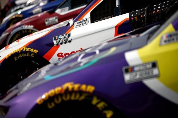 The FedEx Freight Toyota, driven by Denny Hamlin sits in the garage area during qualifying for the NASCAR Cup Series Jockey Made in America 250...