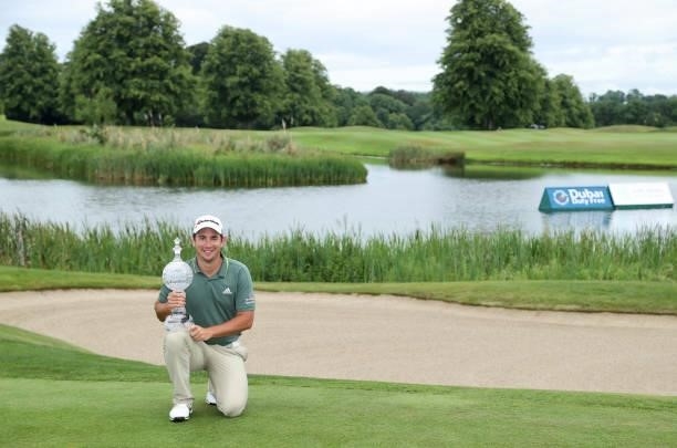 Lucas Herbert of Australia holds the winners trophy after the final round of The Dubai Duty Free Irish Open at Mount Juliet Golf Club on July 04,...
