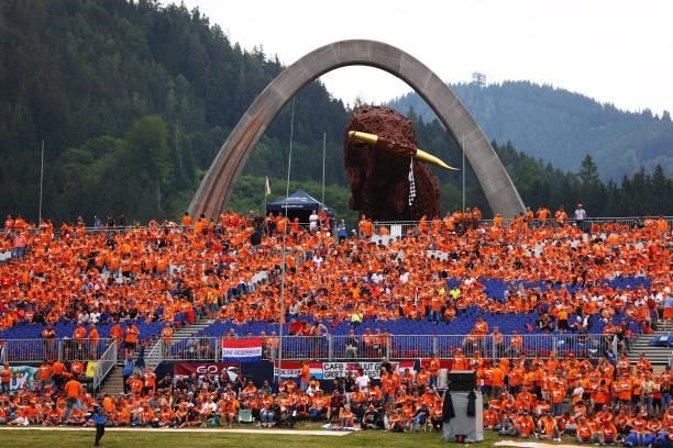 Max Verstappen of Netherlands and Red Bull Racing fans show their support before the F1 Grand Prix of Austria at Red Bull Ring on July 04, 2021 in...