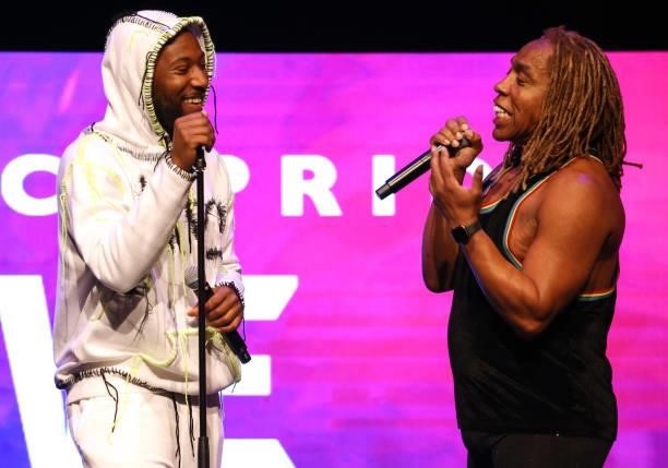 Laville and Rikki Beadle-Blair on stage during UK Black Pride at The Roundhouse on July 04, 2021 in London, England. UK Black Pride is Europe's...