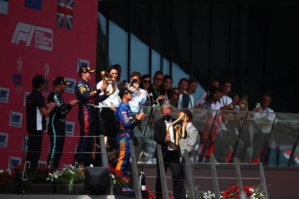 Race winner Max Verstappen of Netherlands and Red Bull Racing lifts his trophy on the podium during the F1 Grand Prix of Austria at Red Bull Ring on...