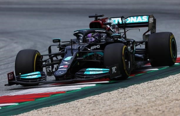 Lewis Hamilton of Great Britain driving the Mercedes AMG Petronas F1 Team Mercedes W12 during the F1 Grand Prix of Austria at Red Bull Ring on July...