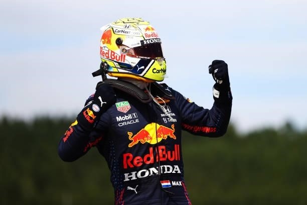 Race winner Max Verstappen of Netherlands and Red Bull Racing celebrates in parc ferme during the F1 Grand Prix of Austria at Red Bull Ring on July...