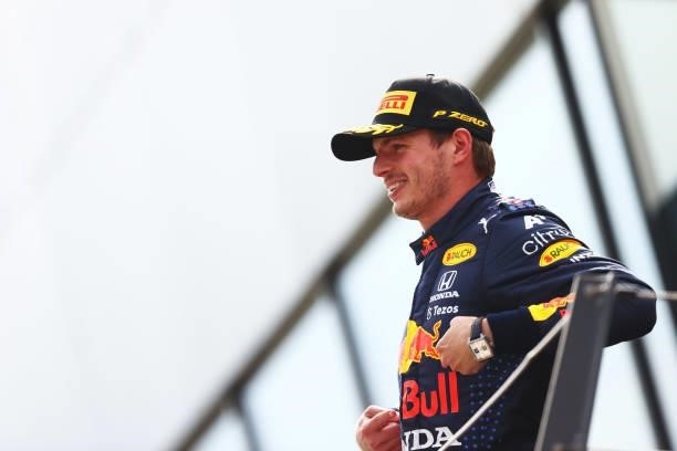 Race winner Max Verstappen of Netherlands and Red Bull Racing celebrates on the podium during the F1 Grand Prix of Austria at Red Bull Ring on July...