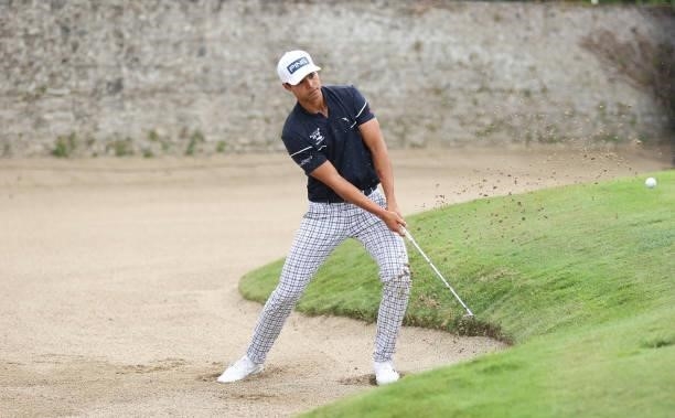 Johannes Veerman of USA plays his bunker shot on the 16th hole during final round of The Dubai Duty Free Irish Open at Mount Juliet Golf Club on July...