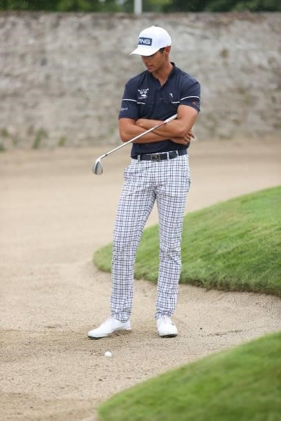 Johannes Veerman of USA ponders his bunker shot on the 16th hole during final round of The Dubai Duty Free Irish Open at Mount Juliet Golf Club on...