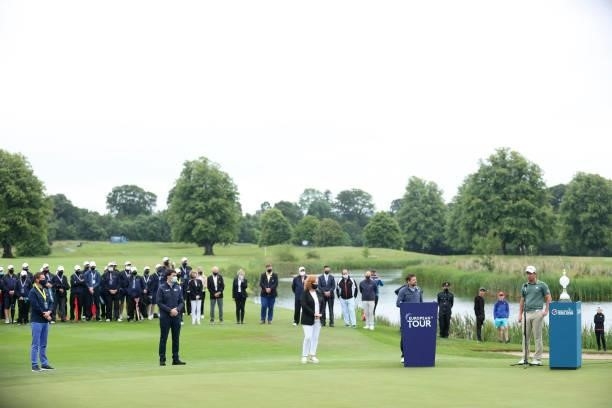 Lucas Herbert of Australia during the prize ceremony after the final round of The Dubai Duty Free Irish Open at Mount Juliet Golf Club on July 04,...