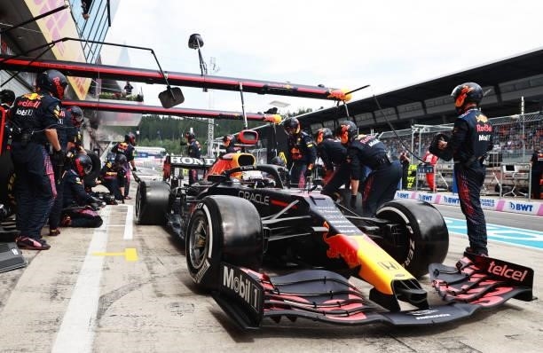Max Verstappen of the Netherlands driving the Red Bull Racing RB16B Honda makes a pitstop during the F1 Grand Prix of Austria at Red Bull Ring on...