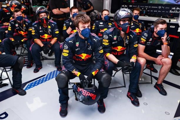 The Red Bull Racing team watch the action in the garage during the F1 Grand Prix of Austria at Red Bull Ring on July 04, 2021 in Spielberg, Austria.