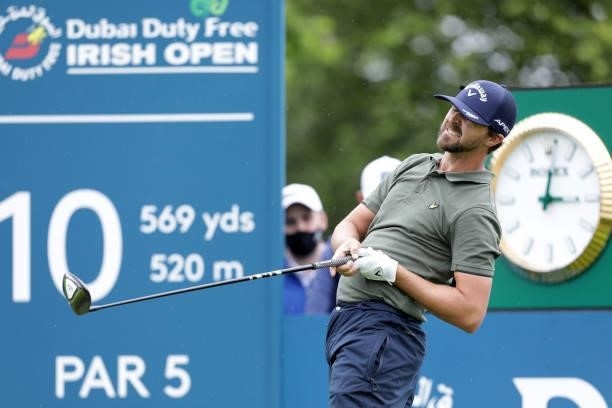 Rikard Karlberg from Sweden tees off on the 10th during Day Four of The Dubai Duty Free Irish Open at Mount Juliet Golf Club on July 04, 2021 in...