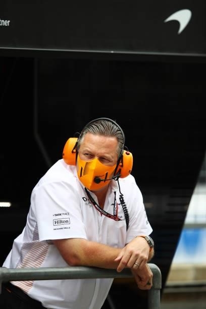 McLaren Chief Executive Officer Zak Brown looks on from the pitwall before the F1 Grand Prix of Austria at Red Bull Ring on July 04, 2021 in...