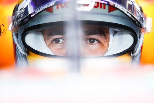 Sergio Perez of Mexico and Red Bull Racing prepares to drive in the garage before the F1 Grand Prix of Austria at Red Bull Ring on July 04, 2021 in...