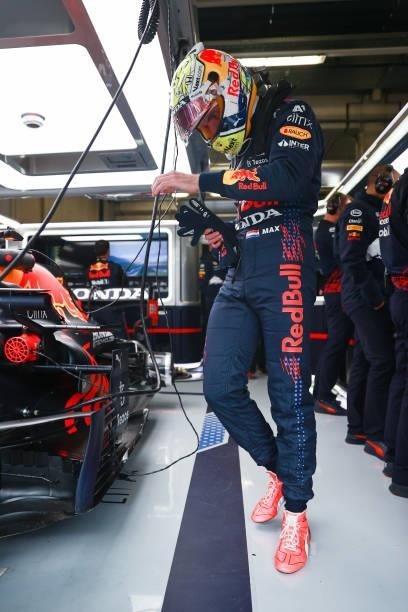 Max Verstappen of Netherlands and Red Bull Racing prepares to drive in the garage before the F1 Grand Prix of Austria at Red Bull Ring on July 04,...