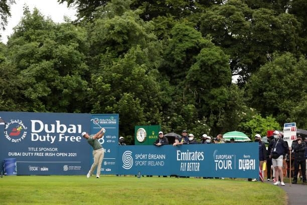 Lucas Herbert plays his tee shot on the 18th hole during Day Four of The Dubai Duty Free Irish Open at Mount Juliet Golf Club on July 04, 2021 in...