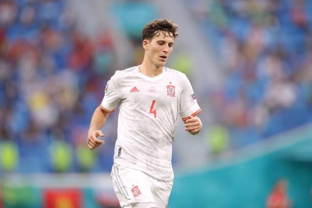 Pau Torres of Spain in action during the UEFA Euro 2020 Championship Quarter-final match between Switzerland and Spain at Saint Petersburg Stadium on...