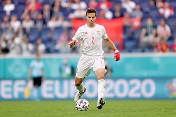 Cesar Azpilicueta of Spain controls the ball during the UEFA Euro 2020 Championship Quarter-final match between Switzerland and Spain at Saint...