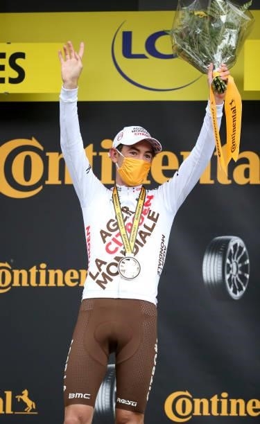 Ben O'Connor of Australia and AG2R Citroen Team celebrates during the podium ceremony winning stage 9 of the 108th Tour de France 2021, a stage of...